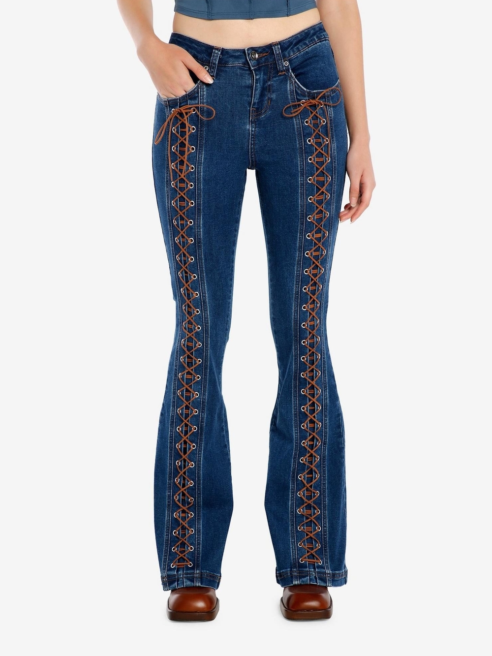 Hot Topic Dark Indigo Brown Lace Up Flare Jeans 30"